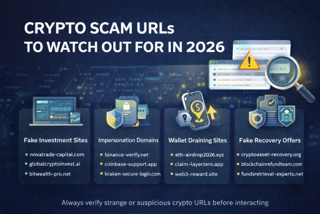 Infographic showing common types of crypto scam websites to watch out for in 2026, including fake investment platforms, impersonation domains, wallet-draining sites, and fake recovery offers, with example domain patterns on a dark blue background.