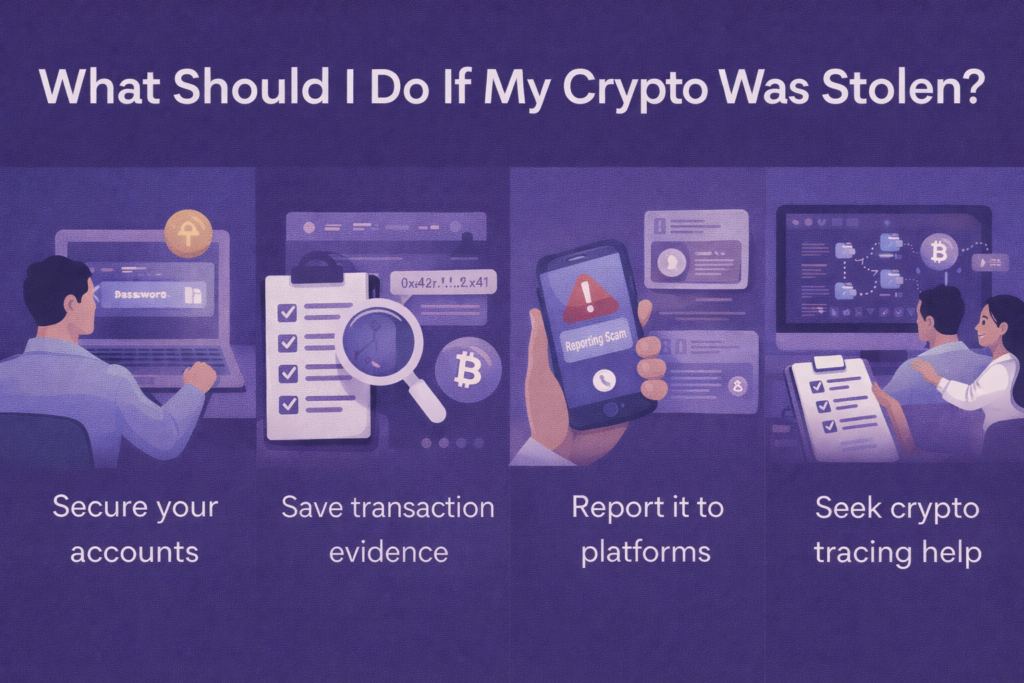 Illustration showing the steps to take after crypto theft, including securing accounts, saving transaction evidence, reporting the incident to platforms, and seeking professional crypto tracing help, displayed on a purple background.