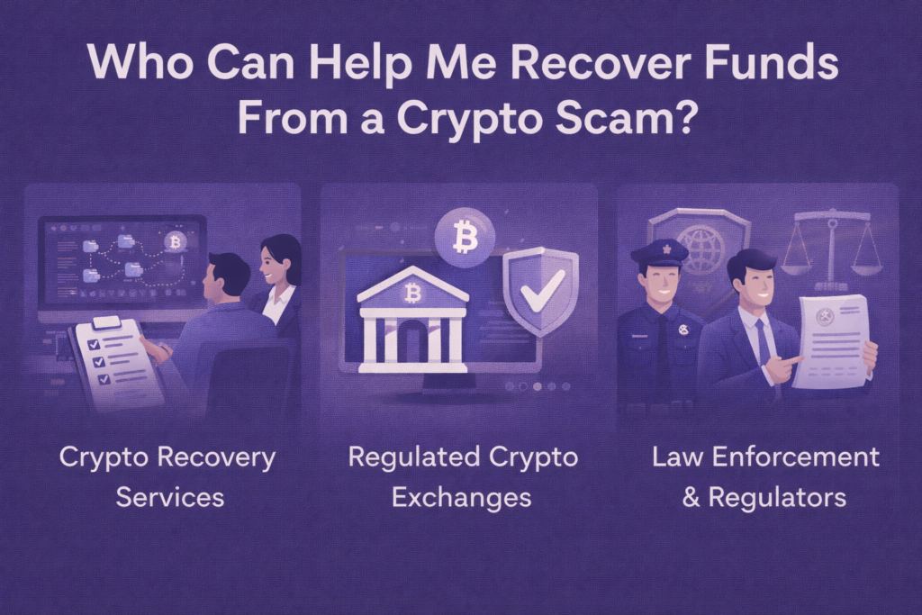 Illustration showing three sources of help after a crypto scam: professional crypto recovery services, regulated crypto exchanges, and law enforcement or financial regulators, displayed on a purple background.