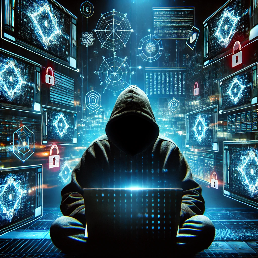 A dark, futuristic digital scene showing a hooded hacker seated before multiple glowing screens filled with abstract data patterns, conveying themes of cybercrime, hacking, and digital surveillance.